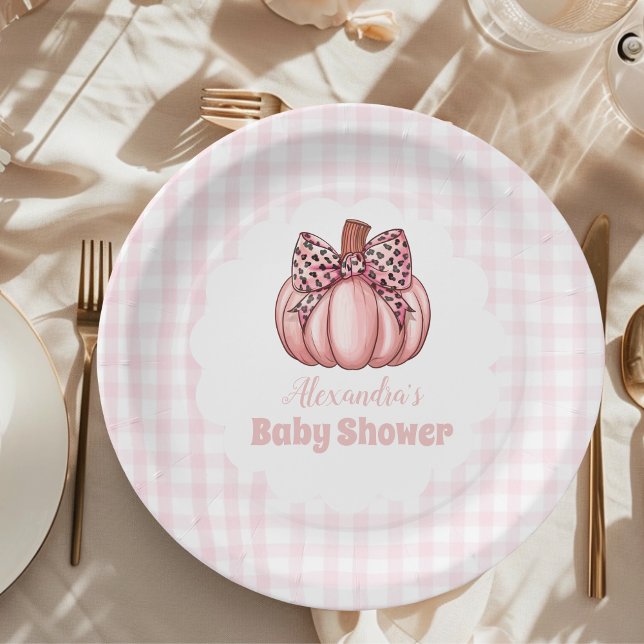 Pink Pumpkin Bow Girl Baby Shower Paper Plate (Creator Uploaded)