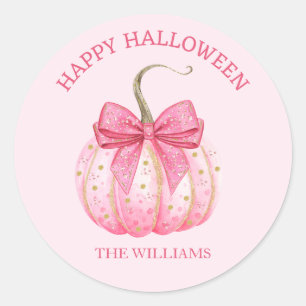 Pink Pumpkin Bow Happy Halloween Personalised Classic Round Sticker
