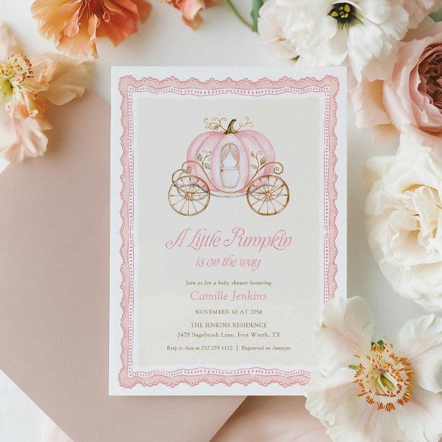 Pink Pumpkin Fall Baby Shower Invitation (Little Pumpkin is the way Girl baby shower invitation)