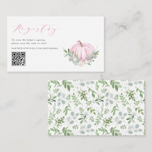 Pink Pumpkin Fall Baby Shower QR Code Registry Enclosure Card (Front/Back)