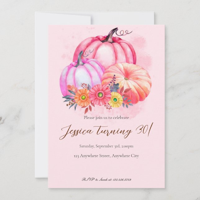 Pink Pumpkin Fall Birthday Invitation (Front)