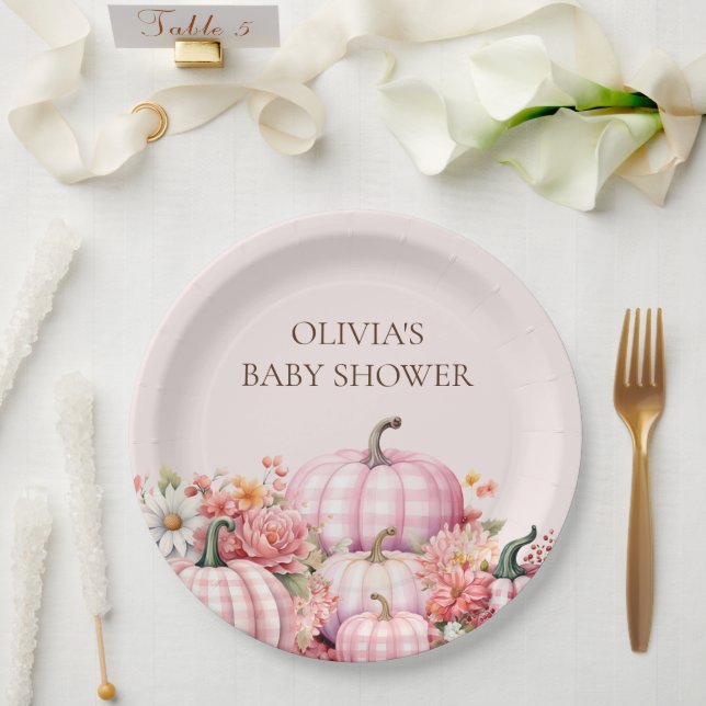 Pink Pumpkin Fall Floral Baby Shower Paper Plates (Wedding)