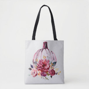 Pink pumpkin fall floral watercolor autumn flowers tote bag