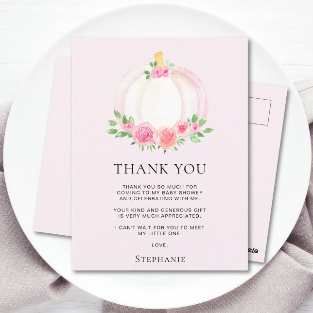 Pink Pumpkin Fall Girl's Baby Shower Thank You Postcard (Creator Uploaded)