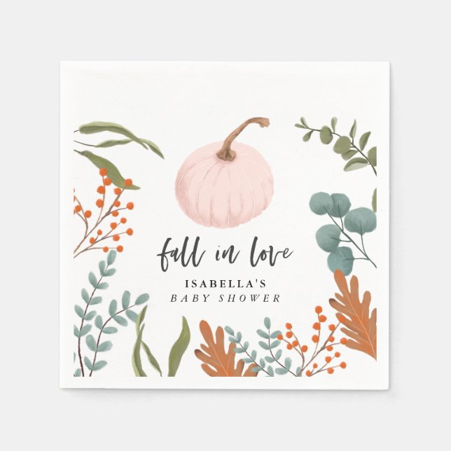 Pink Pumpkin Fall In Love Baby Shower Napkin (Front)