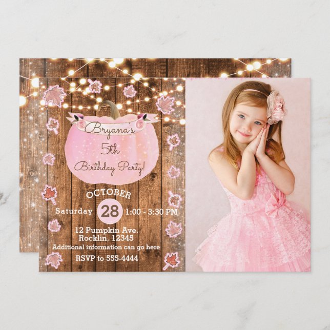 Pink Pumpkin Fall Rustic ANY AGE  Birthday Photo Invitation (Front/Back)