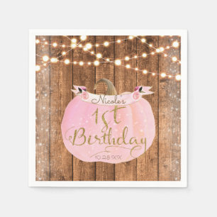 Pink Pumpkin Fall Rustic Wood Lights 1st Birthday Napkin