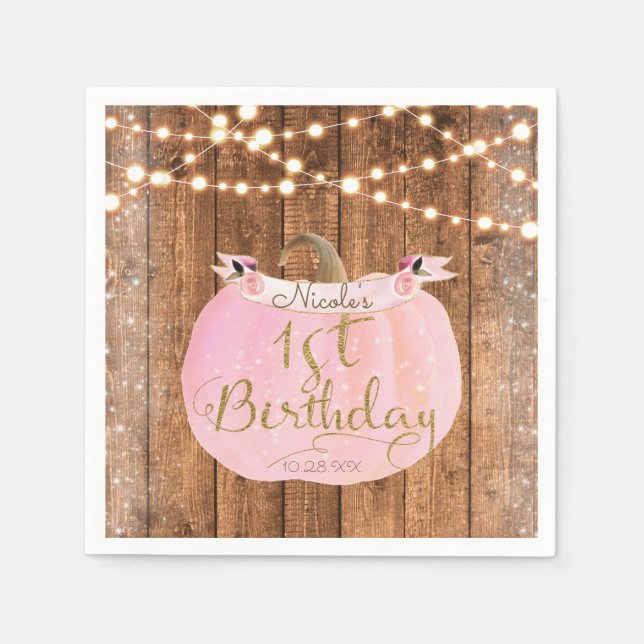 Pink Pumpkin Fall Rustic Wood Lights 1st Birthday Napkin (Front)