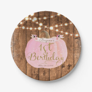 Pink Pumpkin Fall Rustic Wood Lights 1st Birthday Paper Plate