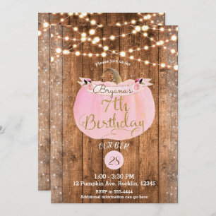 Pink Pumpkin Fall Rustic Wood Lights 7th Birthday Invitation