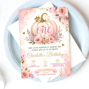 Pink Pumpkin First Birthday Invitation