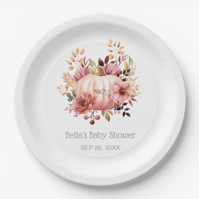 Pink Pumpkin Floral Baby Shower Paper Plate (Front)