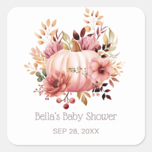 Pink Pumpkin Floral Baby Shower Square Sticker