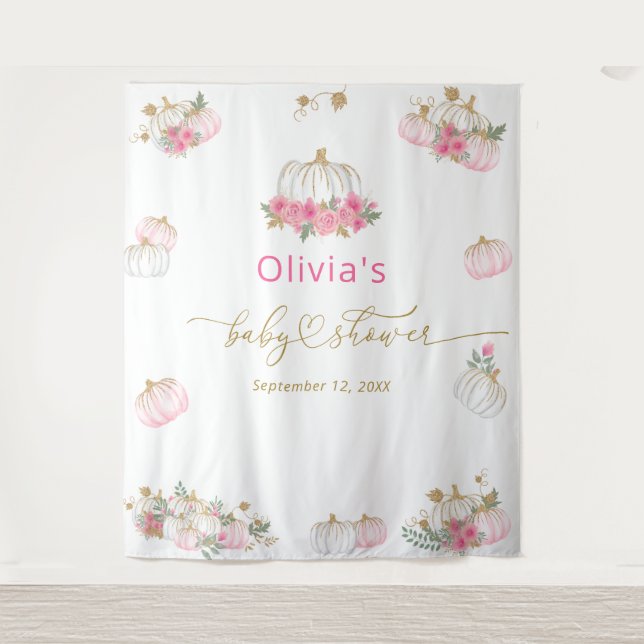 Pink Pumpkin Floral Baby Shower Tapestry (Front)