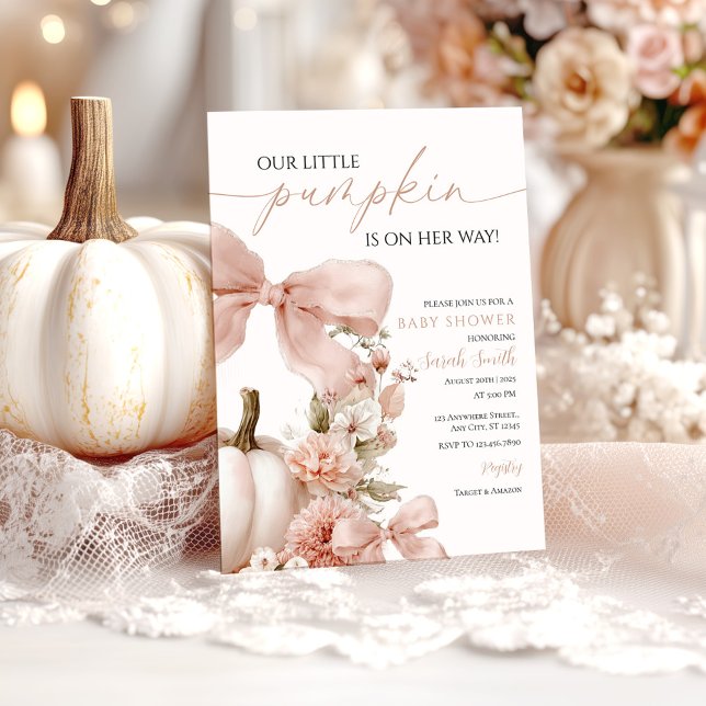 Pink Pumpkin Floral Bow Baby Shower Invitation (Creator Uploaded)