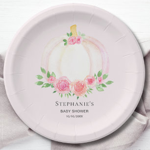 Pink Pumpkin Floral Fall Girl's Baby Shower Paper Plate