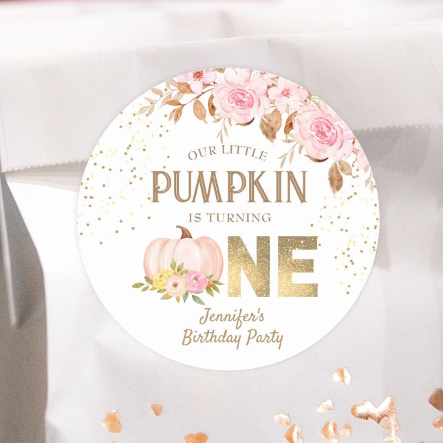 Pink Pumpkin Floral Girl 1st Birthday Classic Round Sticker (Creator Uploaded)