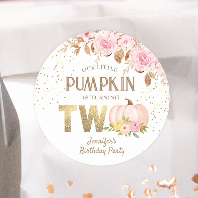 Pink Pumpkin Floral Girl 2nd Birthday Classic Round Sticker (Creator Uploaded)