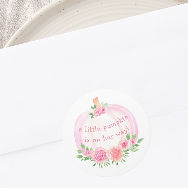 Pink Pumpkin Floral Girl's Baby Shower Classic Round Sticker (Creator Uploaded)