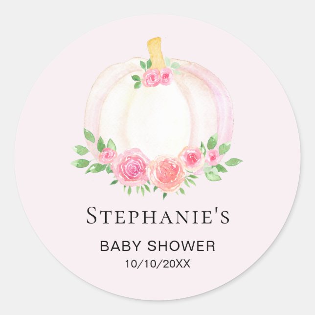 Pink Pumpkin Floral Girls Fall Baby Shower Classic Round Sticker (Front)