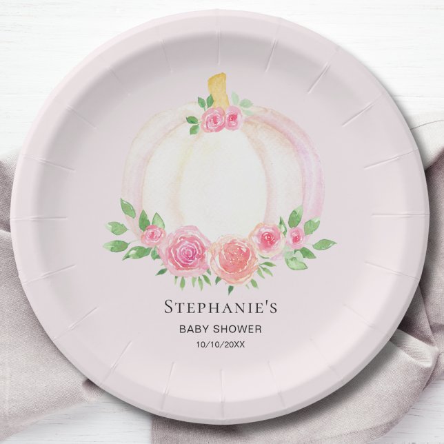 Pink Pumpkin Floral Girl's Fall Baby Shower Paper Plate (Creator Uploaded)