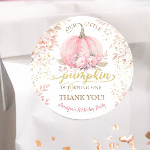 Pink Pumpkin Floral Gold Glitter Girl 1st Birthday Classic Round Sticker