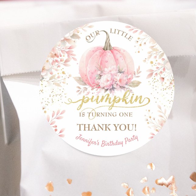 Pink Pumpkin Floral Gold Glitter Girl 1st Birthday Classic Round Sticker (Creator Uploaded)