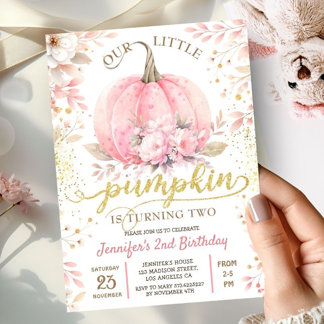 Pink Pumpkin Floral Gold Glitter Girl 2nd Birthday Invitation (Creator Uploaded)