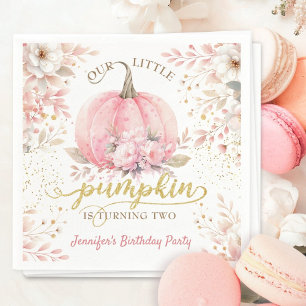 Pink Pumpkin Floral Gold Glitter Girl 2nd Birthday Napkin