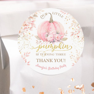Pink Pumpkin Floral Gold Glitter Girl 3rd Birthday Classic Round Sticker