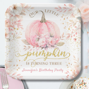 Pink Pumpkin Floral Gold Glitter Girl 3rd Birthday Paper Plate