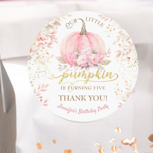 Pink Pumpkin Floral Gold Glitter Girl 5th Birthday Classic Round Sticker