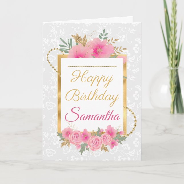 Pink Pumpkin Flowers Gold Foil Birthday Card (Front)