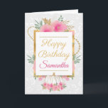 Pink Pumpkin Flowers Gold Foil Birthday Card<br><div class="desc">Watercolor Pink Flowers Gold Glitter and Foil design with floral white pattern background
Graphics by DigitalCurio on Etsy</div>