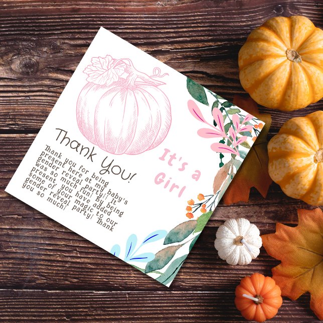 Pink Pumpkin Gender Reveal Party Its a Girl Thank You Card (Creator Uploaded)