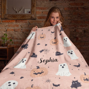 Pink Pumpkin Ghost Bat Custom Name Halloween Fleece Blanket