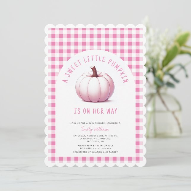 Pink Pumpkin Gingham Plaid Baby Girl Baby Shower  Invitation (Standing Front)
