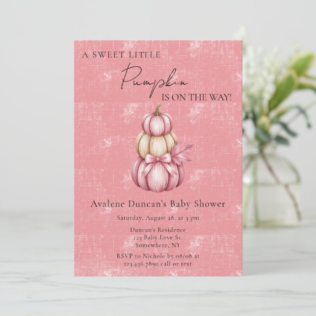 Pink Pumpkin Girl Baby Shower Invitation (Standing Front)