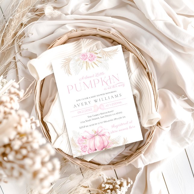 Pink Pumpkin Girl Floral Bow Baby Shower  Invitation (Creator Uploaded)