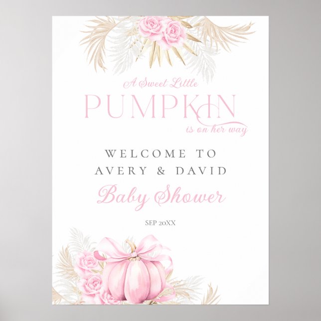 Pink Pumpkin Girl Floral Bow Baby Shower Welcome Poster (Front)