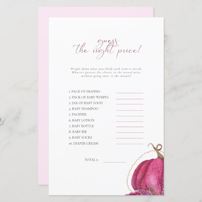 Pink Pumpkin Guess The Price Baby Shower Game  (Front/Back)