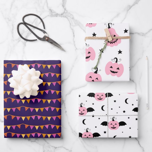 PINK PUMPKIN HALLOWEEN AND FALL PATTERN WRAPPING PAPER SHEET (Front)
