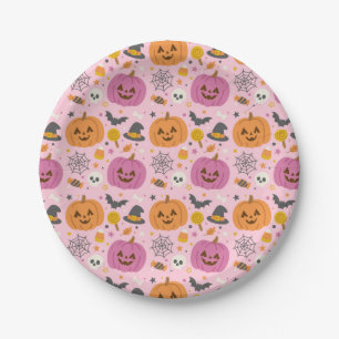 Pink Pumpkin Halloween Pattern Paper Plates