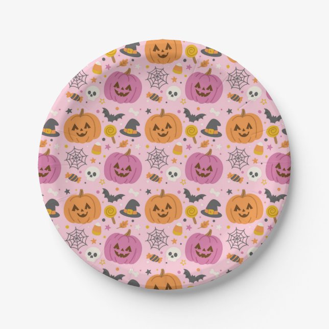 Pink Pumpkin Halloween Pattern Paper Plates (Front)