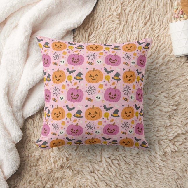 Pink Pumpkin Halloween Pattern Throw Pillow (Blanket)