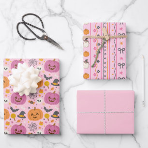 Pink Pumpkin Halloween Pattern Wrapping Paper Set