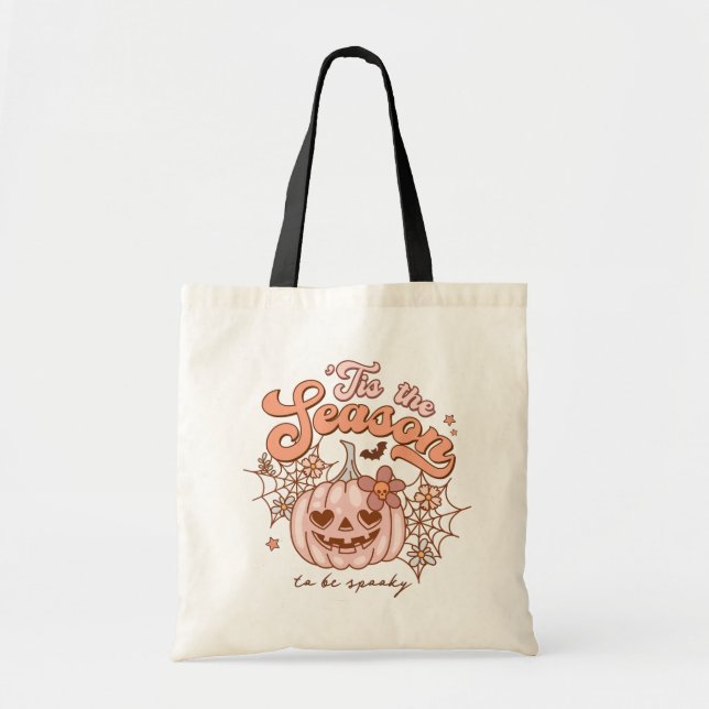 Pink Pumpkin Halloween Retro Hippie Name Tote Bag (Front)