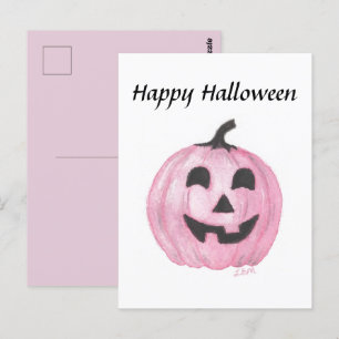 Pink pumpkin Jack O Lantern for Halloween Postcard