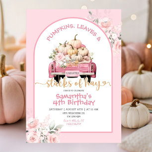 Pink Pumpkin Leaves & Stacks of Hay Birthday Invitation