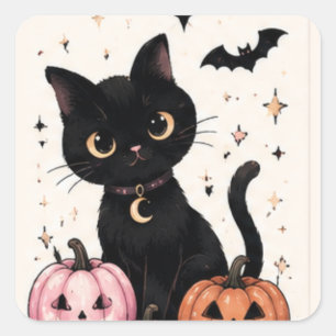 Pink Pumpkin Moon Collar Black Cat Square Sticker